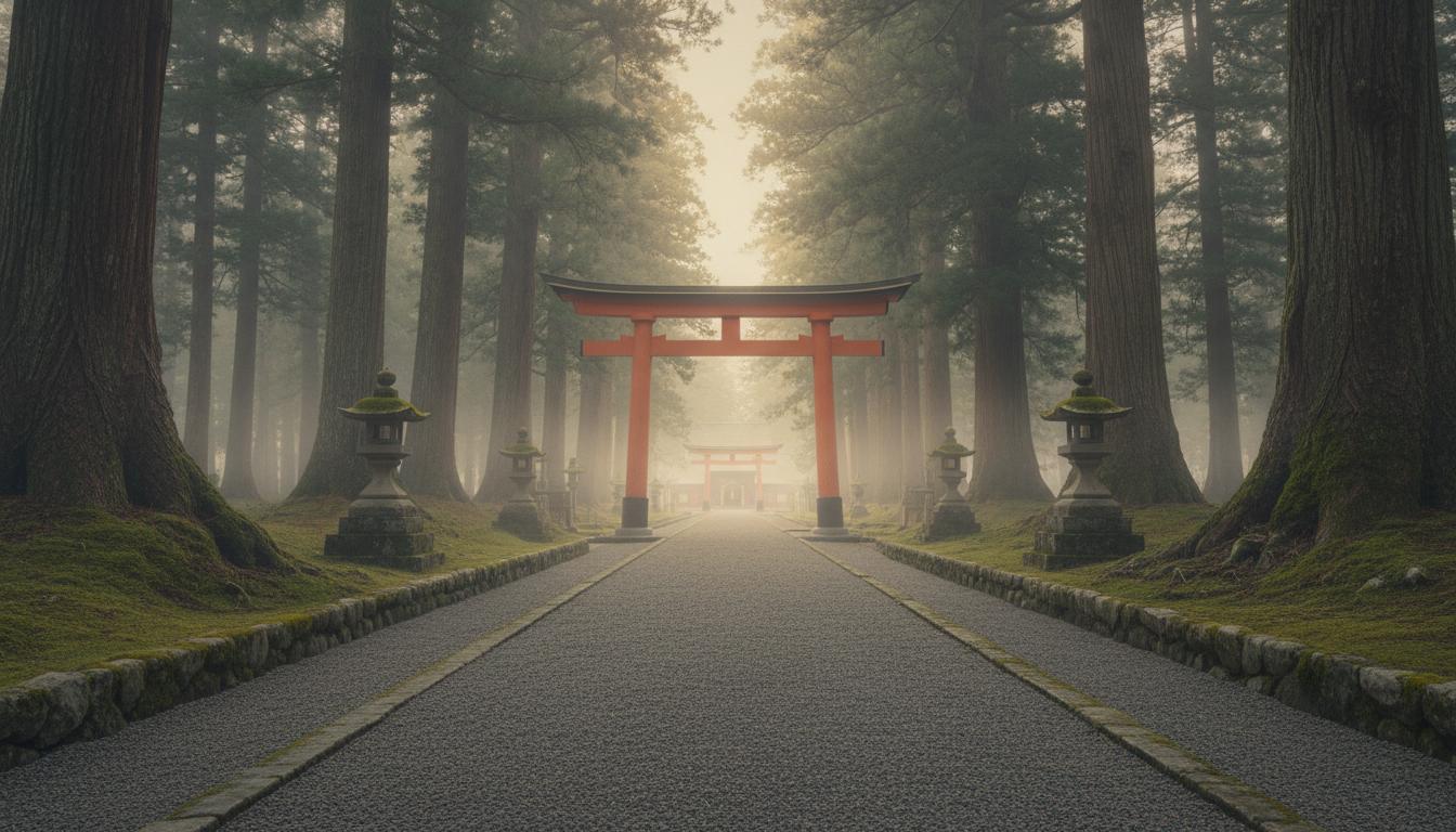 朝霧の中の寺院参道、鳥居が見える静かな風景｜A quiet temple pathway in morning mist with a torii gate visible