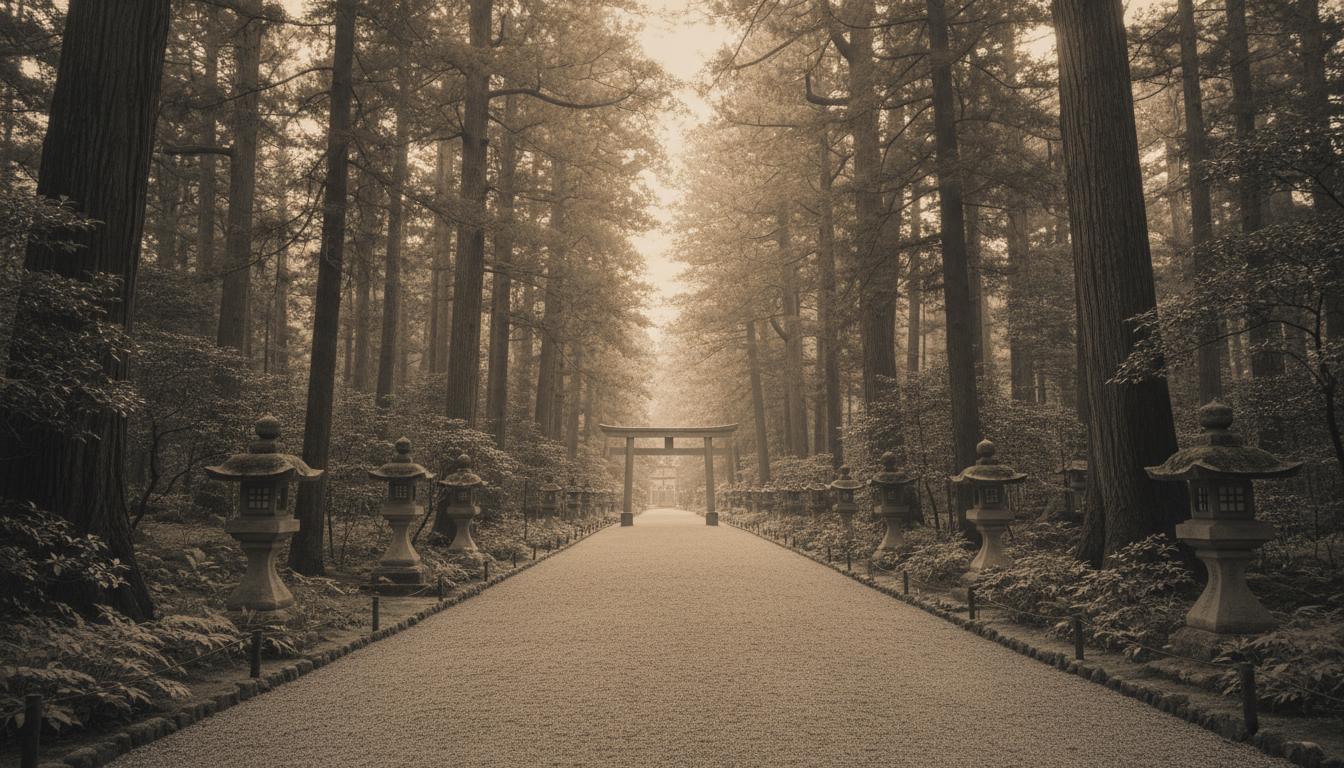 明治神宮の参道、杉並木が並ぶ静かな朝の風景｜Meiji Jingu approach path lined with cedar trees in the quiet morning