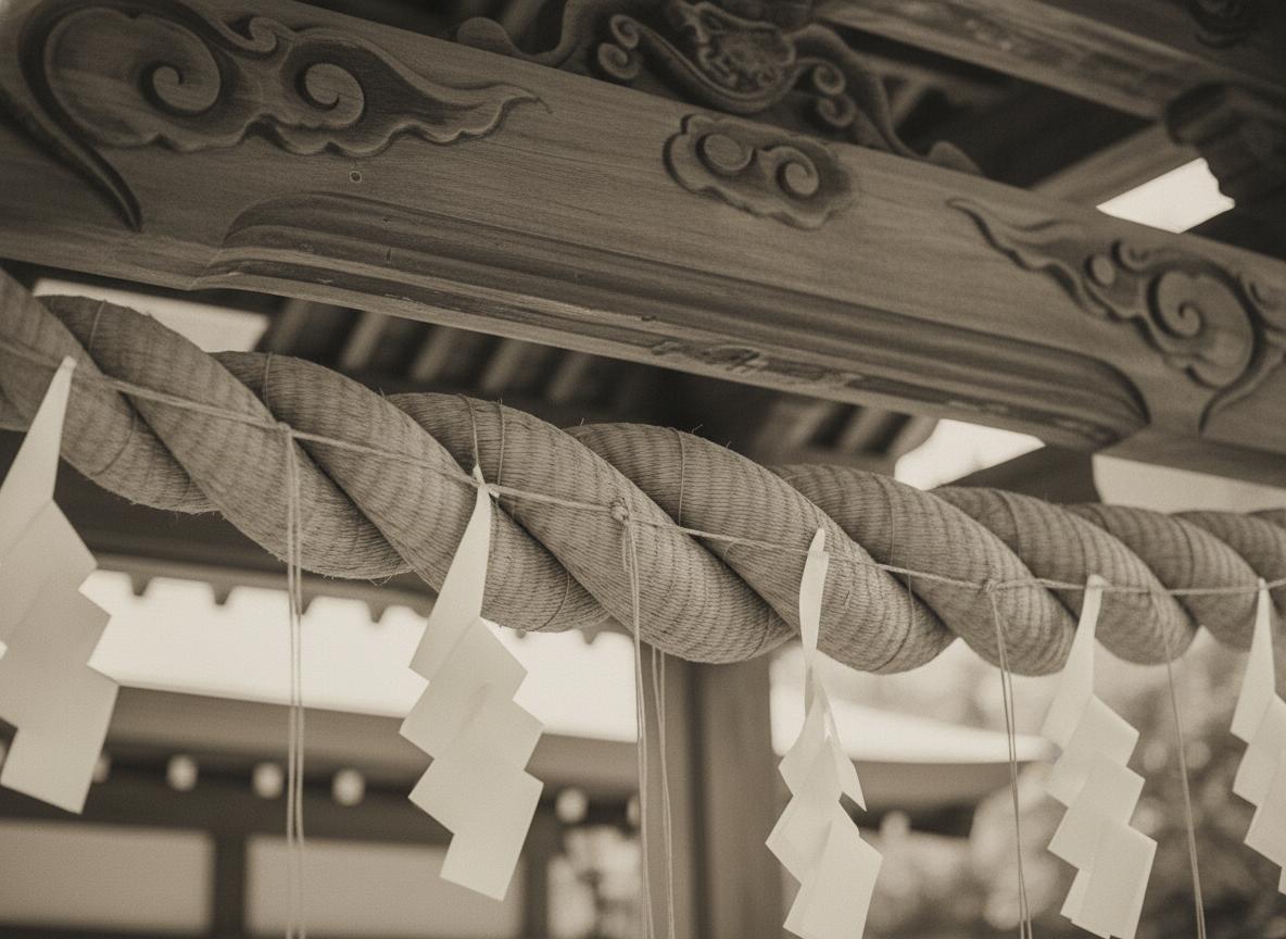 神社の鈴紐と御幣の接写｜Close-up of shrine bell rope and shide paper streamers