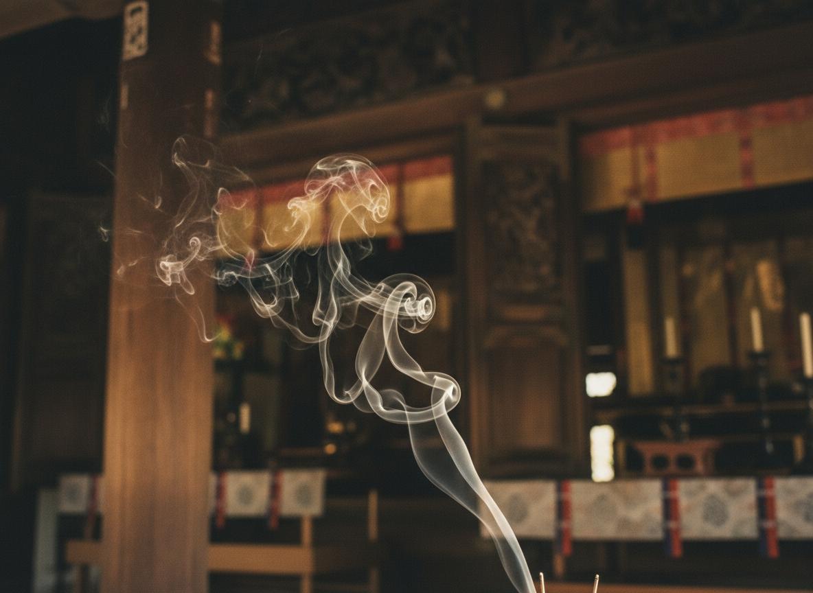 寺院内を漂うお香の煙｜Incense smoke drifting inside a temple hall