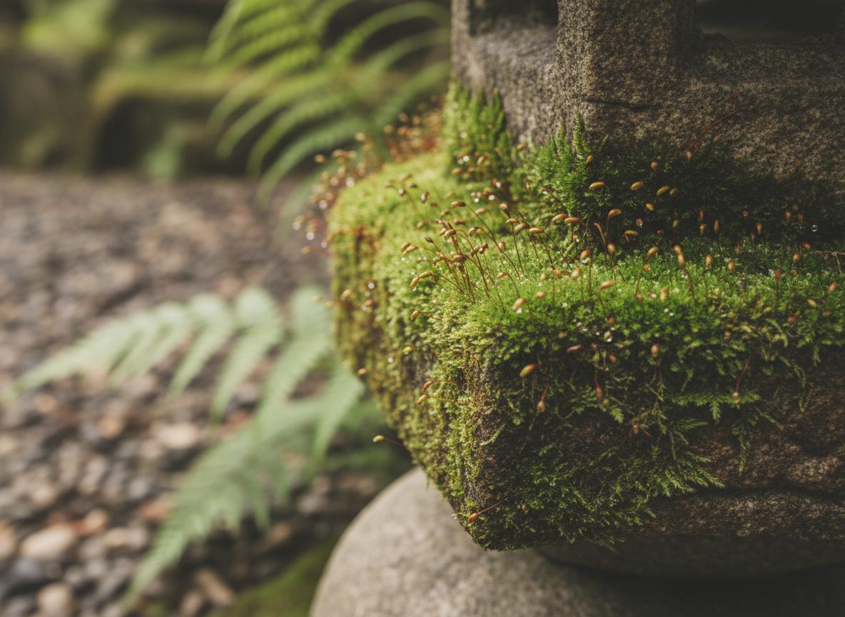 石灯籠に生えた緑の苔の接写｜Close-up of green moss on a stone lantern